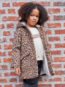 Sobretudo com capuz em fazenda de lã estampada com padrão de leopardo para menina castanho