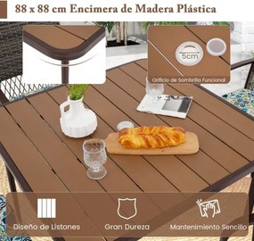 Conjunto de jantar de jardim 4 cadeiras de rattan com almofadas e mesa quadrada com orifício para guarda-sol Castanho misto