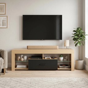Móvel de TV 140 x 40 x 45 cm, móvel para televisor de 65 polegadas com prateleiras de vidro ajustáveis, gaveta e compartimentos abertos, cor carvalho