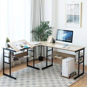 Secretária de canto moderna em forma de L 170 x 150 x 75 cm Mesa de desenho inclinável com prateleira inferior Estrutura em metal natural