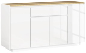 HOMCOM Aparador de Sala de Estar com 4 Portas Gaveta e Prateleiras Ajustáveis 140x40x75 cm Madeira e Branco Brilhante | Aosom Portugal