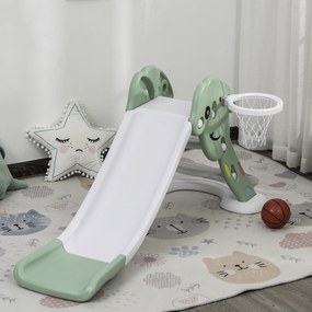 HOMCOM Escorrega infantil para crianças acima de 2 anos com cesta de basquete Interior e exterior carga 25 kg Acessórios incluídos 160x35x68 cm Verde e Branco