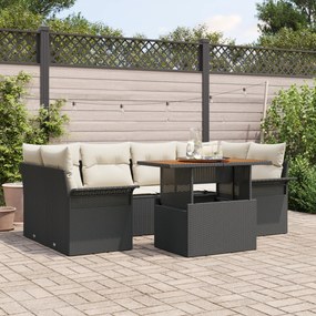 vidaXL Conjunto de Sofá de Jardim de 7 Peças com Almofadas Preto Rattan Poliéster Acácia