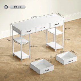 Secretária com espaço de arrumação e tomadas, 3 gavetas em tecido e 4 prateleiras, 120 x 40 x 76 cm, branco