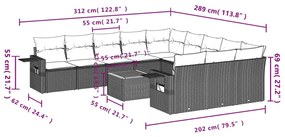 12 pcs conjunto de sofás de jardim c/ almofadões vime PE preto