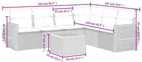 7 pcs conjunto de sofás p/ jardim com almofadões vime PE bege