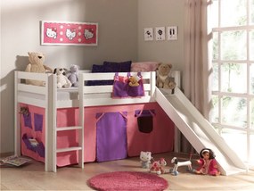 Conjunto Cama alta de Criança PINO 90 x 200 cm + estrado + escada + escorrega + cortina Bella Branca