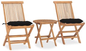 vidaXL 3 pcs conj. jantar dobrável exterior c/ almofadão teca maciça