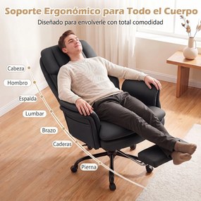 Cadeira de Escritório com Apoio para os Pés, 63-114 x 78 x 118-125 cm, Encosto Reclinável, Preto
