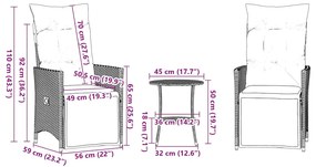 Conjunto Bistro de 3 peças com almofadas em rattan sintético cinza