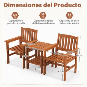 Conjunto de mesa e cadeira jardim de 3 peças para pátio Assentos de madeira para conversação ao ar livre com furo para guarda-sol Castanho