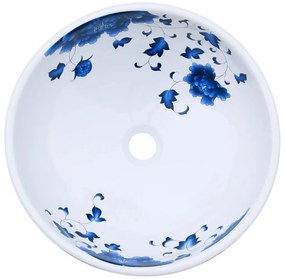 Lavatório de bancada redondo Φ41x14 cm cerâmica branco e azul