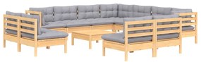 12pcs conjunto lounge de jardim + almofadões cinza pinho maciço