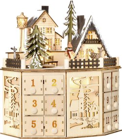 HOMCOM Calendário do Advento de Natal em Madeira Reutilizável com Luzes LED, 24 Gavetas, Cena de Aldeia, 25x20x29 cm, Natural | Aosom Portugal