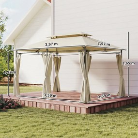 Pérgola de Jardim 397x297x265 cm Pérgola de Exterior com Teto Duplo Paredes Laterais Resistente a Água Bege