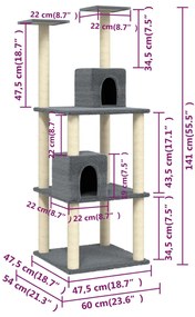 Árvore p/ gatos c/ postes arranhadores sisal 141cm cinza-escuro