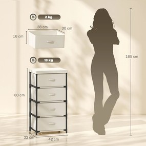 Cómoda para Quarto com 4 Gavetas em Tecido Estrutura em Aço para Sala Escritório Bege