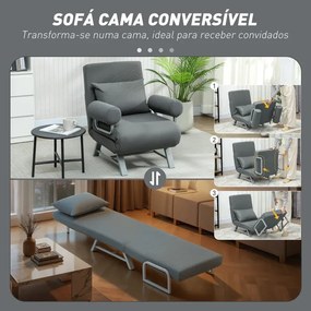 Poltrona sofá Cama Dobrável Estofado em Linho Sintético com Encosto Ajustável em 5 Níveis e Almofada Acolchoada 73x78x81 cm Cinzento Escuro