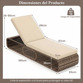 Espreguiçadeira de Jardim 185 x 65 x 26 cm om encosto ajustável, almofada e espaço de arrumação para piscina, pátio e jardim Cor do rattan PE: Castanh