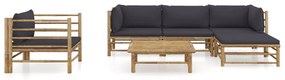 6 pcs conj. lounge jardim em bambu c/ almofadões cinza-escuro