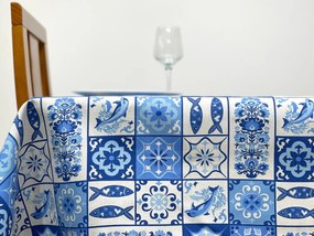 Toalha de Mesa Sarja Azul Estampada Peixes