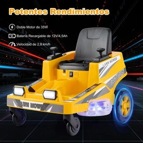 Corta relvas para crianças pequenas de 12 V com duas alavancas de controlo Luzes LED Giro e volta amarelo