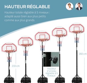 Cesto de basquetebol para exterior com poste e tabela, altura ajustável de 2,1 a 2,6 m (cesto) - preto, branco e vermelho