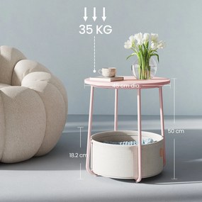 Mesa auxiliar redonda com cesto em tecido 45 x 50 cm rosa + branco creme