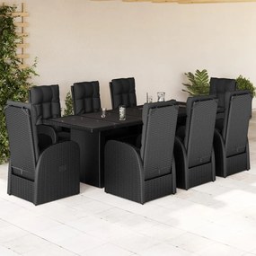 9 pcs conjunto de jantar p/ jardim c/ almofadões vime PE preto