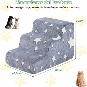 Escada de espuma  luminescente com 3 degraus para cães 60 x 40,5 x 39 cm, com base antiderrapante e capa lavável de alta densidade e, para animais de