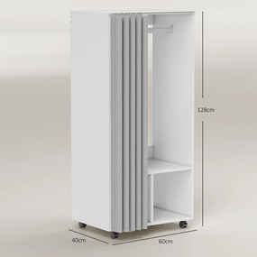 Guarda roupa pequeno de arrumação móvel com cortina 60 x 40 x 128 cm, varão para pendurar roupa, branco