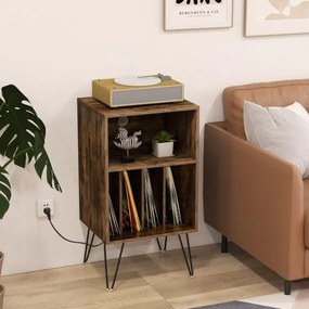 Suporte para discos de 3 níveis Mesa de armazenamento de discos com estação de carregamento Estante 4 divisórias 48 x 40 x 88 cm Castanho rústico