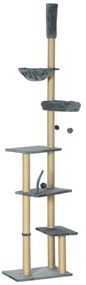 PawHut Arranhador para Gatos do Solo ao Teto de 230-250 cm  com Altura Ajustável Múltiplas Plataformas Rede Bolas Suspensas Cinza