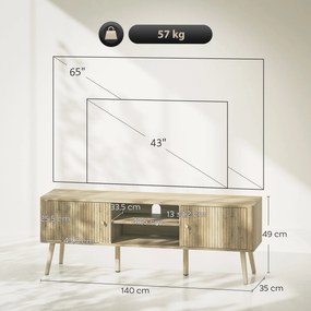 Móvel para televisão 140 x 35 x 49 cm, com capacidade para ecrãs até 65 polegadas, com 2 portas, 2 compartimentos abertos, prateleira ajustável, cor c