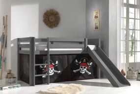 Cama alta de Criança PINO 90 x 200 cm + estrado + escada + escorrega + cortina Piratas das Caraíbas Cinzenta