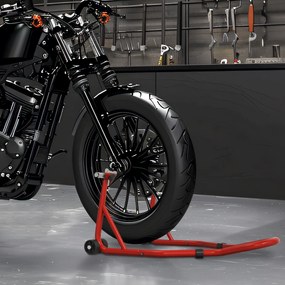 Suporte de Moto Dianteiro Universal de Aço para Roda de 10" 17" 18" Carga 200 kg com Garfos em U e L Ajustáveis 70x47x34,5 cm Vermelho