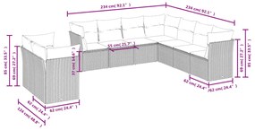 9 pcs conjunto sofás p/ jardim c/ almofadões vime PE castanho