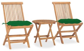 vidaXL 3 pcs conj. jantar dobrável exterior c/ almofadão teca maciça