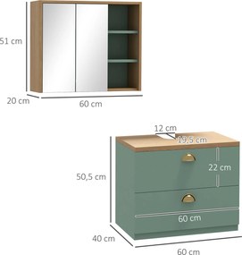 Conjunto de 2 móveis de casa de banho com prateleiras ajustáveis e 2 gavetas (LAVATORIO NÃO INCLUIDO), design escandinavo, verde