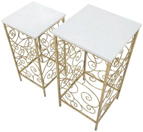 CONJUNTO DE 2 MESAS DE APOIO ESPIRAL 34X34X70-29X29X60 CM DOURADO E BRANCO