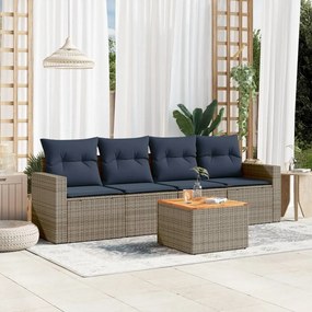 5 pcs conjunto sofás p/ jardim c/ almofadões vime PE cinzento