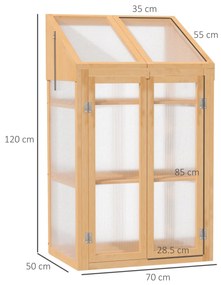 Estufa de Madeira com Painéis de Policarbonato Estufa de Jardim com Teto Abatível 2 Portas e 3 Prateleiras para Cultivo de Plantas 70x50x120cm Madeira