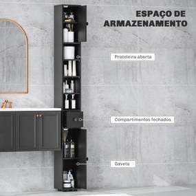 Coluna Casa de Banho Estreita  20x20x180 cm com 1 Gaveta 4 Prateleiras Abertas e Prateleiras Ajustáveis Preto