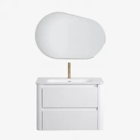 Conjunto De Móvel De Casa De Banho Em Madeira Com Lavatório Integrado Egerton Branco & Oval Led E Anti-embaciamento 100x65 Cm - Sklum