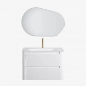 Conjunto De Móvel De Casa De Banho Suspenso 80x50 Cm Em Madeira Com Lavatório Integrado Egerton Branco & Oval Led E Anti-embaciamento 100x80 - Sklum