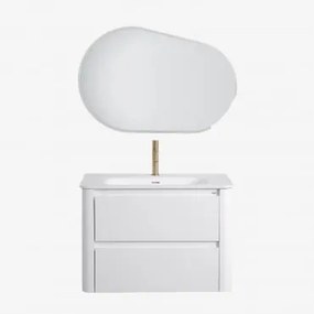 Conjunto De Móvel De Casa De Banho Suspenso Em Madeira Com Lavatório Integrado Egerton Branco & Oval Led E Anti-embaciamento 100x80 Cm - Sklum