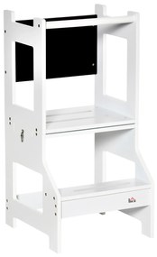 HOMCOM Torre de Aprendizagem para Crianças 3-6 Anos de Madeira Torre de Aprendizagem Infantil Convertível em Secretária com Ardósia e Barra de Segurança para Casa de Banho Cozinha 42x44x86cm Branco