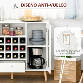 Aparador de Cozinha Armário de Armazenamento com 12 suportes para Garrafas e 3 Estantes Portas de vidro 100x33x80cm Branco