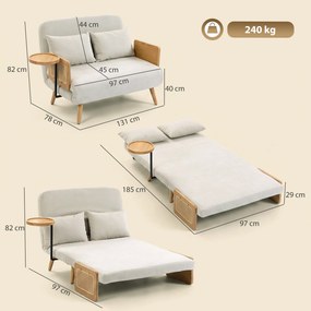 Sofá-Cama 2 Lugares 3 em 1 em Chenille com Encosto Ajustável, Mesa Lateral e 2 Almofadas, Creme