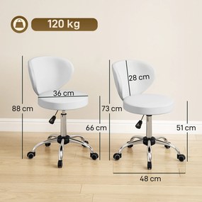 Banco com rodas trabalho em PU com altura ajustável entre 73 e 88 cm e encosto, giratório a 360°, branco